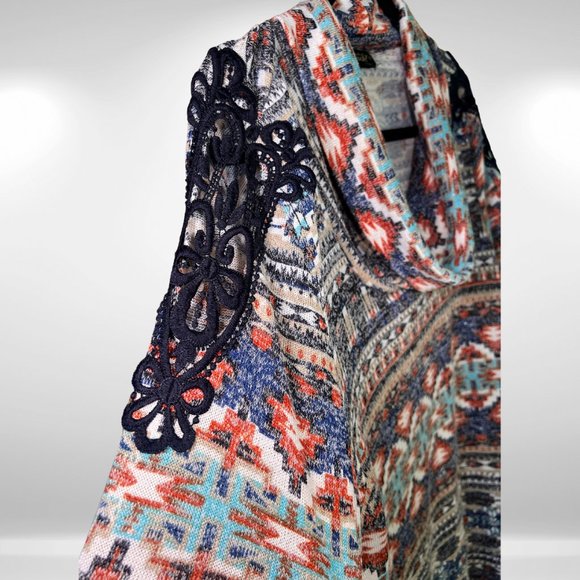 Absolutely Famous Blue & Orange Aztec Cowl Neck Knit Sweater, Lace Shoulders - Picture 4 of 7